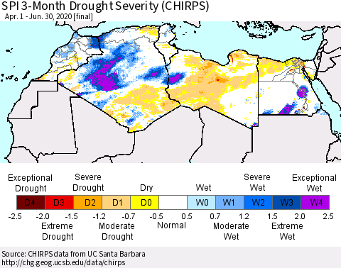 North Africa SPI 3-Month Drought Severity (CHIRPS) Thematic Map For 4/1/2020 - 6/30/2020