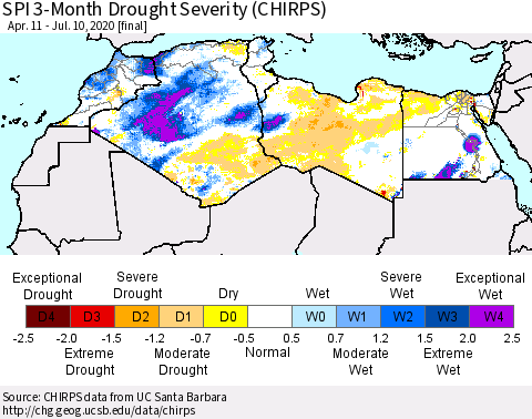 North Africa SPI 3-Month Drought Severity (CHIRPS) Thematic Map For 4/11/2020 - 7/10/2020