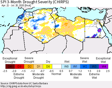 North Africa SPI 3-Month Drought Severity (CHIRPS) Thematic Map For 4/21/2020 - 7/20/2020