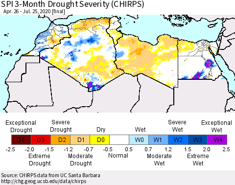North Africa SPI 3-Month Drought Severity (CHIRPS) Thematic Map For 4/26/2020 - 7/25/2020