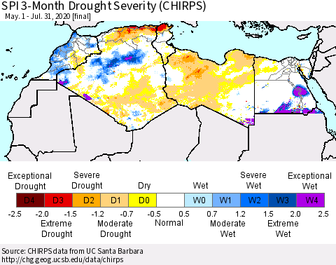North Africa SPI 3-Month Drought Severity (CHIRPS) Thematic Map For 5/1/2020 - 7/31/2020