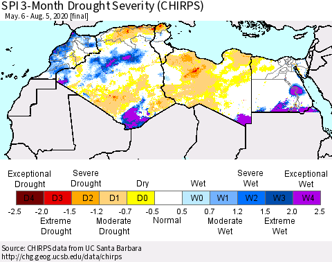 North Africa SPI 3-Month Drought Severity (CHIRPS) Thematic Map For 5/6/2020 - 8/5/2020