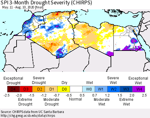 North Africa SPI 3-Month Drought Severity (CHIRPS) Thematic Map For 5/11/2020 - 8/10/2020