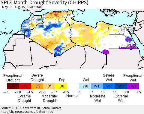 North Africa SPI 3-Month Drought Severity (CHIRPS) Thematic Map For 5/16/2020 - 8/15/2020