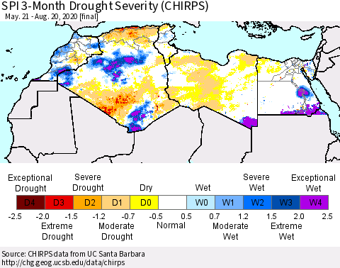 North Africa SPI 3-Month Drought Severity (CHIRPS) Thematic Map For 5/21/2020 - 8/20/2020