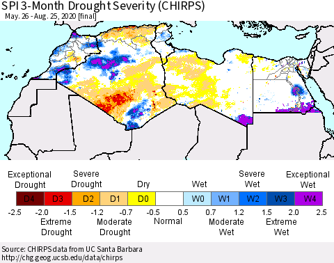 North Africa SPI 3-Month Drought Severity (CHIRPS) Thematic Map For 5/26/2020 - 8/25/2020