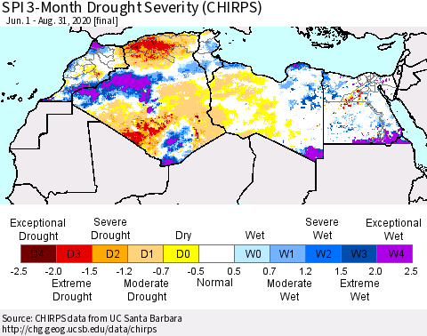North Africa SPI 3-Month Drought Severity (CHIRPS) Thematic Map For 6/1/2020 - 8/31/2020