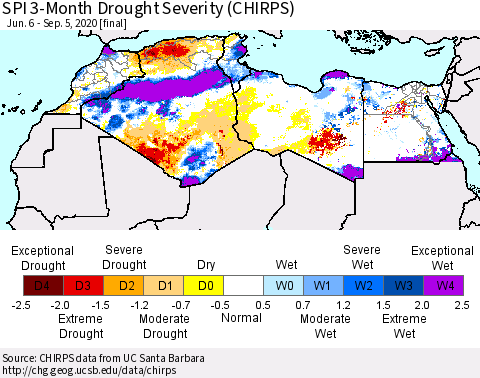 North Africa SPI 3-Month Drought Severity (CHIRPS) Thematic Map For 6/6/2020 - 9/5/2020