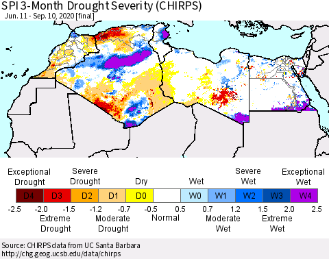 North Africa SPI 3-Month Drought Severity (CHIRPS) Thematic Map For 6/11/2020 - 9/10/2020