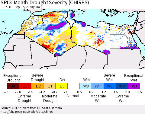 North Africa SPI 3-Month Drought Severity (CHIRPS) Thematic Map For 6/16/2020 - 9/15/2020
