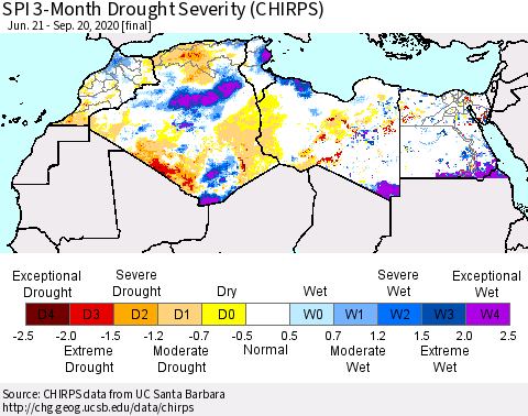 North Africa SPI 3-Month Drought Severity (CHIRPS) Thematic Map For 6/21/2020 - 9/20/2020