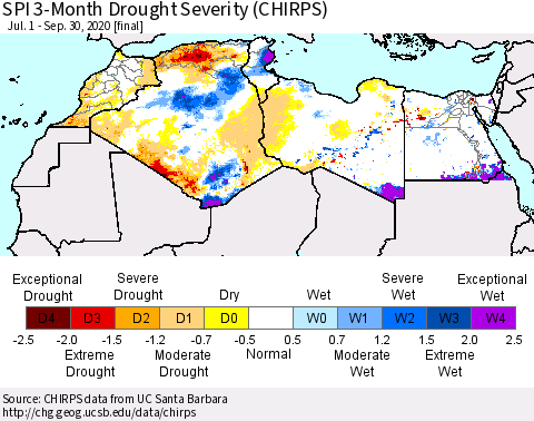 North Africa SPI 3-Month Drought Severity (CHIRPS) Thematic Map For 7/1/2020 - 9/30/2020