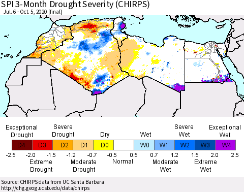 North Africa SPI 3-Month Drought Severity (CHIRPS) Thematic Map For 7/6/2020 - 10/5/2020
