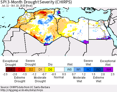 North Africa SPI 3-Month Drought Severity (CHIRPS) Thematic Map For 7/11/2020 - 10/10/2020