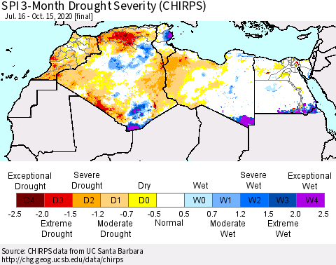 North Africa SPI 3-Month Drought Severity (CHIRPS) Thematic Map For 7/16/2020 - 10/15/2020