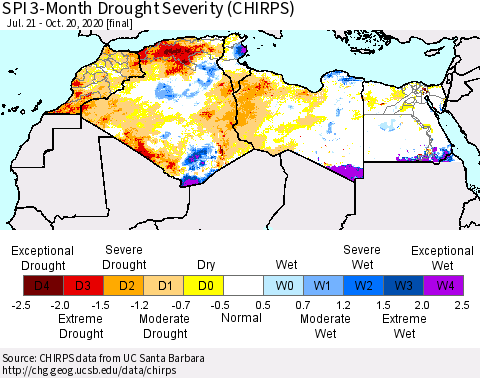 North Africa SPI 3-Month Drought Severity (CHIRPS) Thematic Map For 7/21/2020 - 10/20/2020