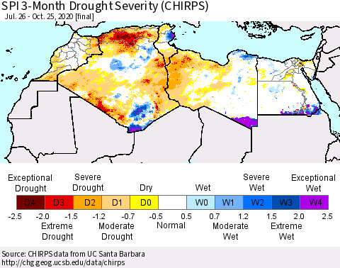 North Africa SPI 3-Month Drought Severity (CHIRPS) Thematic Map For 7/26/2020 - 10/25/2020