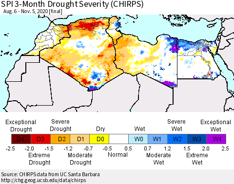 North Africa SPI 3-Month Drought Severity (CHIRPS) Thematic Map For 8/6/2020 - 11/5/2020