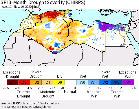 North Africa SPI 3-Month Drought Severity (CHIRPS) Thematic Map For 8/11/2020 - 11/10/2020