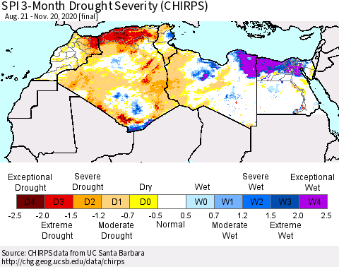 North Africa SPI 3-Month Drought Severity (CHIRPS) Thematic Map For 8/21/2020 - 11/20/2020