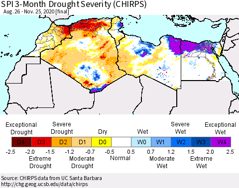 North Africa SPI 3-Month Drought Severity (CHIRPS) Thematic Map For 8/26/2020 - 11/25/2020