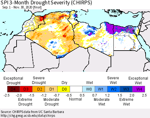 North Africa SPI 3-Month Drought Severity (CHIRPS) Thematic Map For 9/1/2020 - 11/30/2020