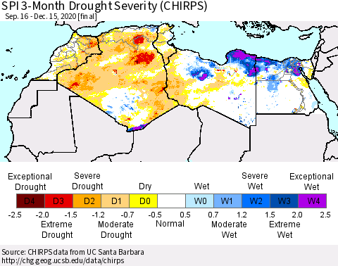 North Africa SPI 3-Month Drought Severity (CHIRPS) Thematic Map For 9/16/2020 - 12/15/2020