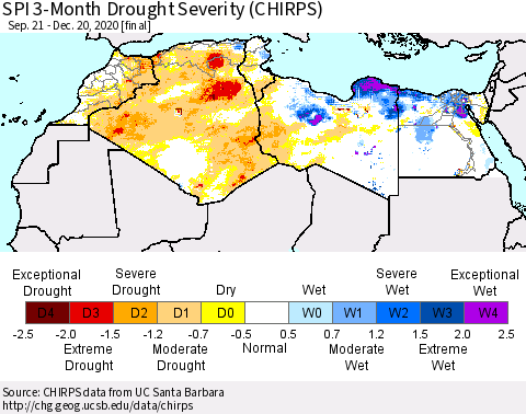 North Africa SPI 3-Month Drought Severity (CHIRPS) Thematic Map For 9/21/2020 - 12/20/2020