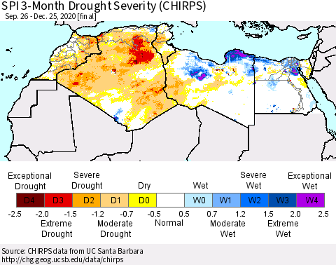 North Africa SPI 3-Month Drought Severity (CHIRPS) Thematic Map For 9/26/2020 - 12/25/2020