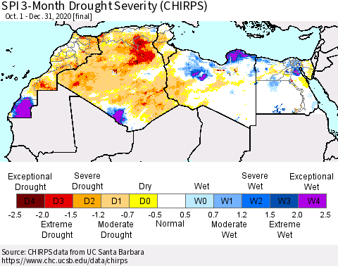 North Africa SPI 3-Month Drought Severity (CHIRPS) Thematic Map For 10/1/2020 - 12/31/2020
