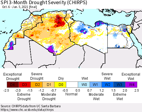 North Africa SPI 3-Month Drought Severity (CHIRPS) Thematic Map For 10/6/2020 - 1/5/2021