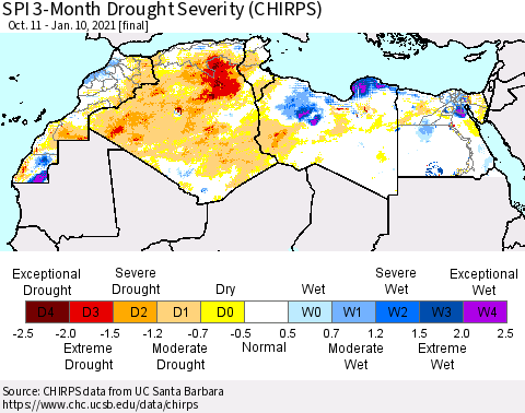North Africa SPI 3-Month Drought Severity (CHIRPS) Thematic Map For 10/11/2020 - 1/10/2021