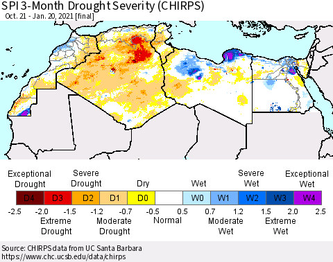 North Africa SPI 3-Month Drought Severity (CHIRPS) Thematic Map For 10/21/2020 - 1/20/2021