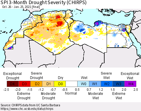 North Africa SPI 3-Month Drought Severity (CHIRPS) Thematic Map For 10/26/2020 - 1/25/2021