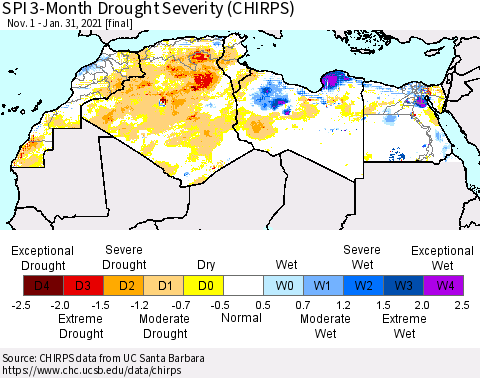 North Africa SPI 3-Month Drought Severity (CHIRPS) Thematic Map For 11/1/2020 - 1/31/2021