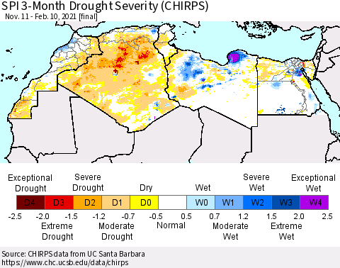 North Africa SPI 3-Month Drought Severity (CHIRPS) Thematic Map For 11/11/2020 - 2/10/2021