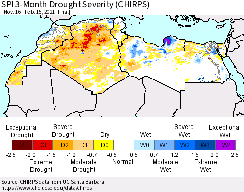 North Africa SPI 3-Month Drought Severity (CHIRPS) Thematic Map For 11/16/2020 - 2/15/2021