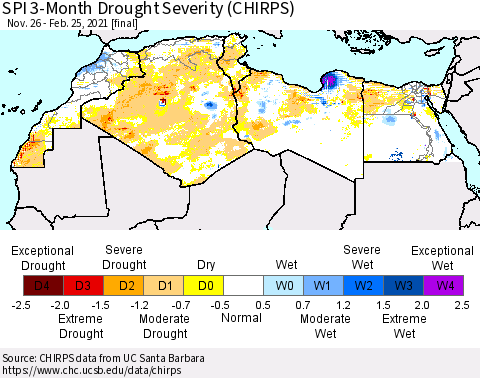 North Africa SPI 3-Month Drought Severity (CHIRPS) Thematic Map For 11/26/2020 - 2/25/2021