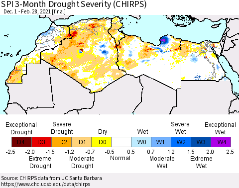 North Africa SPI 3-Month Drought Severity (CHIRPS) Thematic Map For 12/1/2020 - 2/28/2021