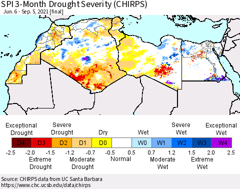 North Africa SPI 3-Month Drought Severity (CHIRPS) Thematic Map For 6/6/2021 - 9/5/2021