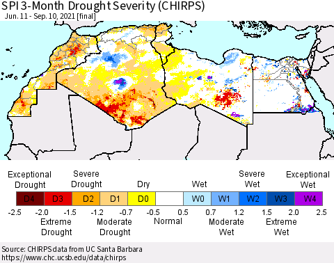 North Africa SPI 3-Month Drought Severity (CHIRPS) Thematic Map For 6/11/2021 - 9/10/2021