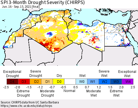 North Africa SPI 3-Month Drought Severity (CHIRPS) Thematic Map For 6/16/2021 - 9/15/2021