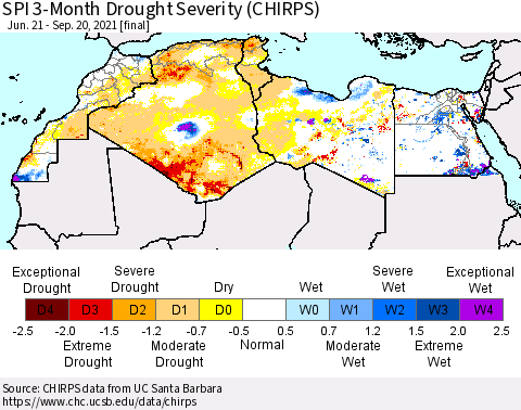 North Africa SPI 3-Month Drought Severity (CHIRPS) Thematic Map For 6/21/2021 - 9/20/2021