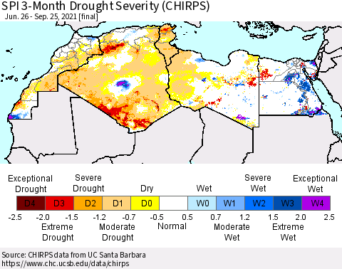 North Africa SPI 3-Month Drought Severity (CHIRPS) Thematic Map For 6/26/2021 - 9/25/2021