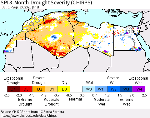 North Africa SPI 3-Month Drought Severity (CHIRPS) Thematic Map For 7/1/2021 - 9/30/2021