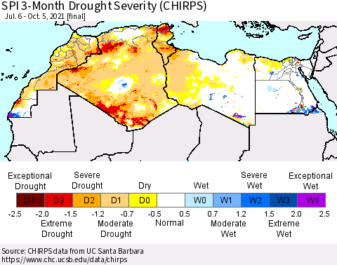 North Africa SPI 3-Month Drought Severity (CHIRPS) Thematic Map For 7/6/2021 - 10/5/2021