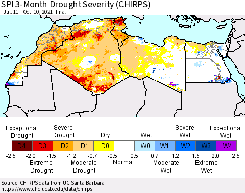 North Africa SPI 3-Month Drought Severity (CHIRPS) Thematic Map For 7/11/2021 - 10/10/2021