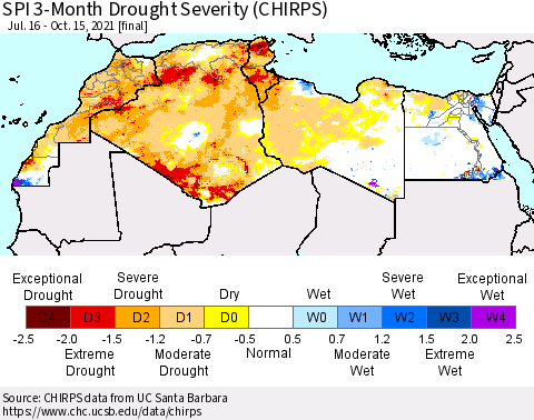 North Africa SPI 3-Month Drought Severity (CHIRPS) Thematic Map For 7/16/2021 - 10/15/2021