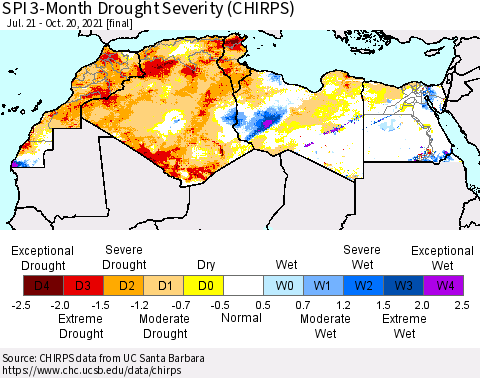 North Africa SPI 3-Month Drought Severity (CHIRPS) Thematic Map For 7/21/2021 - 10/20/2021