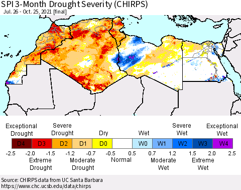 North Africa SPI 3-Month Drought Severity (CHIRPS) Thematic Map For 7/26/2021 - 10/25/2021